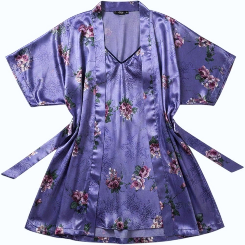 2pc Vintage Purple Floral Satin Nightgown Robe Set Glossy Gown Lingerie L